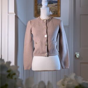 J.Crew Cropped Cardigan Sweater XS Taupe Gold Buttons Braided Trim 100% Cotton